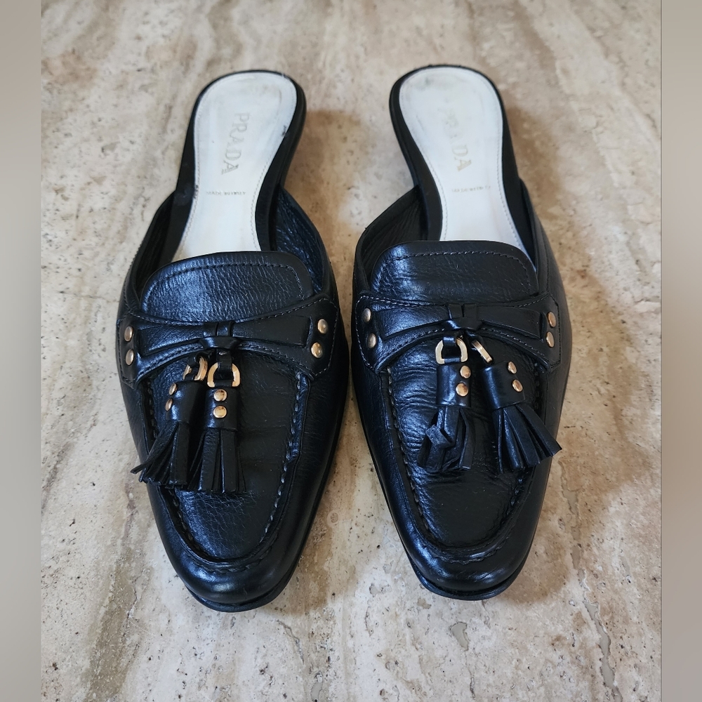 Prada Mules Tassel Detail Low Kitten Heel